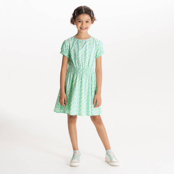 فستان مُزين بالزهور، بأكمام برينسس، باللون الأخضر الفاتح، للفتيات